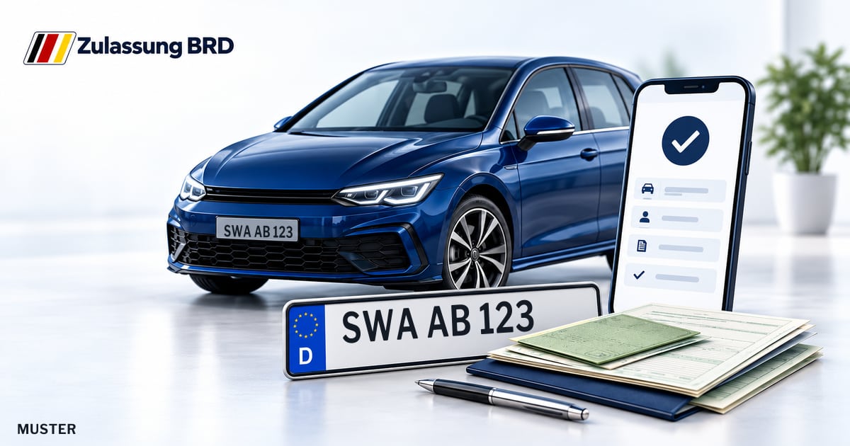 Online Fahrzeugzulassung in Hohenstein: Musterkennzeichen SWA AB 123, Auto und Fahrzeugpapiere und Smartphone. Illustration mit Logo von Zulassung BRD.